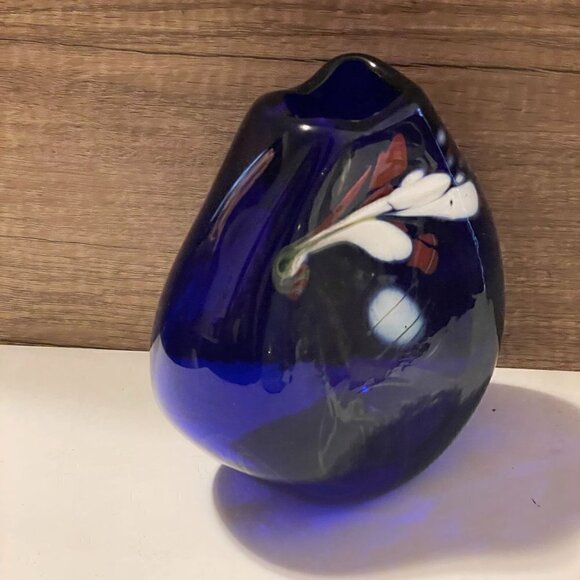 Loren Chapman Vintage Signed Cobalt Blue Blown Glass Swirl Freeform Vase 1983 - Picture 3 of 9